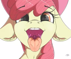 Size: 4000x3334 | Tagged: suggestive, artist:azerta56, derpibooru import, apple bloom, earth pony, pony, epiglottis, esophagus, female, filly, floppy ears, gullet, human teeth, inviting, looking at you, maw, mawshot, open mouth, oral invitation, salivating, simple background, slimy, solo, solo female, taste buds, tongue out, uvula, white background