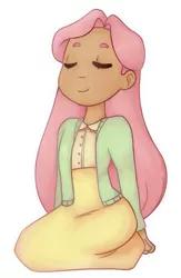 Size: 703x1080 | Tagged: alternate hairstyle, artist:pastelopal, cardigan, clothes, cute, dark skin, derpibooru import, eyes closed, female, fluttershy, fluttersquaw, human, humanized, long skirt, moderate dark skin, native american, safe, shirt, shyabetes, simple background, skirt, solo, white background