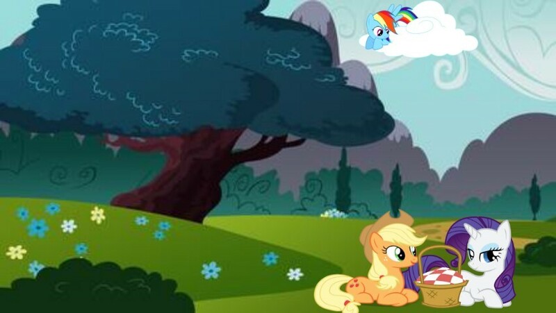 Size: 852x480 | Tagged: artist needed, safe, artist:ikillyou121, artist:tiwake, derpibooru import, edit, editor:rain sunburst, applejack, rainbow dash, rarity, earth pony, pegasus, unicorn, basket, cloud, female, lesbian, mare, mountain, picnic, picnic basket, rarijack, shipping, tree