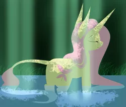 Size: 1413x1200 | Tagged: safe, artist:rainbow-smashed, derpibooru import, fluttershy, pony, unicorn, leak, spoiler:g5, eyes closed, female, fluttershy (g5), g5, grass, leonine tail, mare, redesign, solo, standing in water, unicorn fluttershy, water