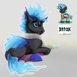 Size: 1080x1080 | Tagged: safe, artist:nranorak, derpibooru import, oc, oc:xerox, unofficial characters only, changeling, pony, pony town, blue changeling, clothes, fangs, lying down, male, scarf, simple background, socks, solo, striped socks