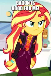 Size: 500x742 | Tagged: safe, derpibooru import, edit, edited screencap, screencap, sunset shimmer, equestria girls, equestria girls series, sunset's backstage pass!, spoiler:eqg series (season 2), angry, bacon hair, caption, cropped, cute, geode of empathy, image macro, imgflip, impact font, king curtis, madorable, magical geodes, meme, solo, sunset shimmer is not amused, text, unamused