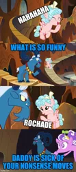 Size: 500x1125 | Tagged: safe, derpibooru import, edit, edited screencap, screencap, cozy glow, grogar, screwball, goat, pegasus, pony, frenemies (episode), the summer sun setback, bow, caption, cloven hooves, colored hooves, comic, father and child, father and daughter, female, filly, flying, hair bow, image macro, male, screencap comic, text