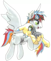 Size: 2032x2416 | Tagged: suggestive, artist:oddwarg, derpibooru import, oc, oc:oxford nimbus, oc:sulphur nimbus, unofficial characters only, hippogriff, pegasus, pony, butt feathers, community related, duo, female, flying, flying lesson, folded wings, goggles, hippogriff oc, holding, hoof hold, male, nudity, sheath, spread wings, stallion, sulphur nimbus, traditional art, underhoof, wings