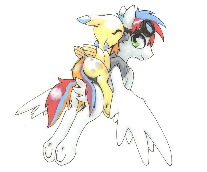Size: 2516x2092 | Tagged: safe, artist:oddwarg, derpibooru import, oc, oc:oxford nimbus, oc:sulphur nimbus, unofficial characters only, hippogriff, pegasus, pony, butt feathers, community related, duo, eyes closed, female, flying, flying lesson, folded wings, goggles, hippogriff oc, male, spread wings, stallion, sulphur nimbus, traditional art, underhoof, wings
