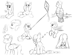 Size: 1300x1000 | Tagged: safe, artist:redquoz, derpibooru import, oc, bird, bird pone, pegasus, pony, unicorn, bending, black and white, cheek squish, derp, drawpile, eyes closed, fan, female, flying, food, gooey, grayscale, horn, kite, looking at you, male, mare, marshmallow, monochrome, silly, silly pony, sitting, sitting in a tree, sleeping, squishy cheeks, stallion, tail feathers, unicorn oc