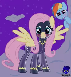 Size: 3840x4154 | Tagged: safe, artist:damlanil, derpibooru import, fluttershy, rainbow dash, pegasus, pony, blushing, clothes, costume, duo, female, latex, latex suit, lip bite, looking at you, mare, rubber, shadowbolts, shadowbolts (nightmare moon's minions), shadowbolts costume, shiny, show accurate, spread wings, spying, uniform, wings