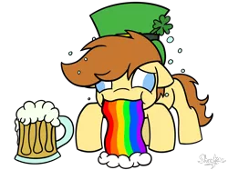 Size: 2732x2048 | Tagged: safe, artist:showtimeandcoal, derpibooru import, oc, oc:tech magic, unofficial characters only, earth pony, pony, alcohol, beer, beer mug, clover, commission, drinking, drunk, hat, holiday, mug, ponysona, puking rainbows, rainbow, simple background, solo, st patricks, transparent background, vomit, vomiting, ych result, your character here