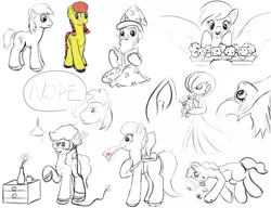Size: 1300x1000 | Tagged: safe, artist:redquoz, derpibooru import, big macintosh, derpy hooves, oc, earth pony, gardevoir, pony, totodile, unicorn, backpack, belly, blank flank, cheek squish, ear fluff, earth pony oc, female, food, hat, horn, male, mare, muffin, nope, pigtails, pokémon, ponytail, reading, sketch, sketch dump, squishy cheeks, stallion, tangled up, underp, unicorn oc, vr goggles, wizard, wizard hat, wizard robe