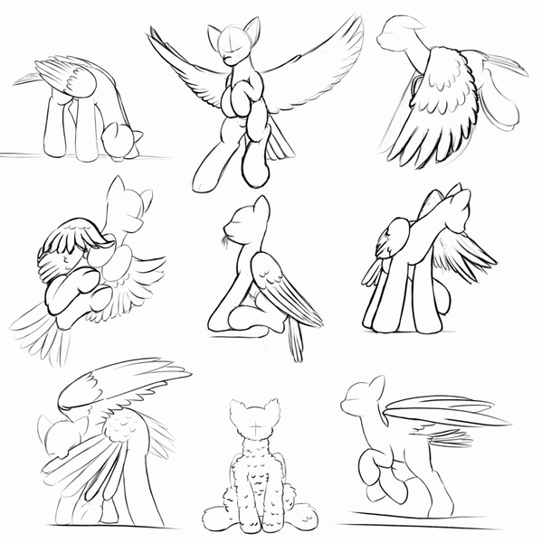 Size: 1000x1001 | Tagged: safe, artist:redquoz, derpibooru import, bird, bird pone, pegasus, pony, black and white, drinking, eating hay, fluffy, flying, grayscale, grooming, landing, monochrome, no face, perching, preening, sketch, sketch dump, tail feathers, unusual perspective