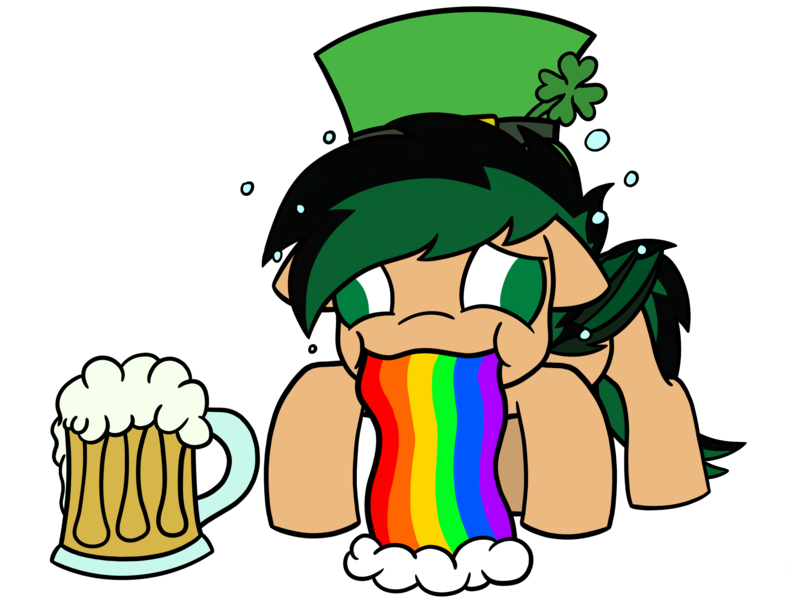 Size: 2732x2048 | Tagged: safe, artist:showtimeandcoal, derpibooru import, oc, oc:melting, unofficial characters only, bat pony, pony, alcohol, beer, beer mug, clover, commission, drinking, drunk, hat, holiday, mug, ponysona, puking rainbows, rainbow, simple background, solo, st patricks, transparent background, vomit, vomiting, ych result, your character here
