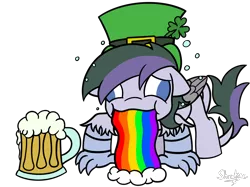Size: 2732x2048 | Tagged: safe, artist:showtimeandcoal, derpibooru import, oc, oc:vintage collection, unofficial characters only, cat, hippogriff, pony, alcohol, beer, beer mug, burb, cat burb, clover, commission, drinking, drunk, hat, holiday, mug, ponysona, puking rainbows, rainbow, simple background, solo, st patricks, transparent background, vomit, vomiting, ych result, your character here