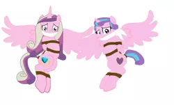 Size: 4200x2544 | Tagged: suggestive, artist:brightstar40k, artist:radiantrealm, artist:xplanetary, derpibooru import, princess cadance, princess flurry heart, alicorn, pony, arm behind back, base used, bondage, bound and gagged, cloth gag, damsel in distress, female, femsub, gag, kidnapped, mare, mother and child, mother and daughter, older, older flurry heart, rope, rope bondage, scared, show accurate, show accurate porn, simple background, spread wings, submissive, white background, wings, worried