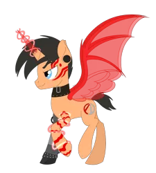 Size: 2187x2431 | Tagged: safe, artist:dyonys, derpibooru import, ponified, pony, unicorn, amputee, artificial wings, augmented, borderlands, borderlands 3, broken horn, choker, ear piercing, earring, fangs, horn, jewelry, magic, magic wings, male, piercing, prosthetic limb, prosthetics, raised hoof, show accurate, simple background, stallion, tattoo, transparent background, troy calypso, wings