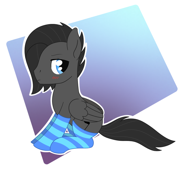 Size: 1688x1598 | Tagged: artist:dyonys, blushing, clothes, cute, derpibooru import, male, oc, oc:tanner, pegasus, safe, sitting, socks, solo, stallion, striped socks, unofficial characters only