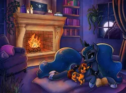 Size: 1280x949 | Tagged: safe, artist:pitchyy, derpibooru import, princess luna, oc, oc:fireheart, alicorn, pegasus, pony, book, bookshelf, candle, commission, couch, cushion, duo, ethereal mane, female, fireplace, house plant, jewelry, mare, moon, pillow, regalia, smiling, snuggling