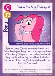 Size: 640x884 | Tagged: safe, artist:asajiopie01, derpibooru import, pinkie pie, earth pony, pony, twilight sparkle's secret shipfic folder, spa pony, spa pony pinkie pie, text, trading card