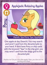 Size: 640x884 | Tagged: safe, artist:asajiopie01, derpibooru import, applejack, earth pony, pony, twilight sparkle's secret shipfic folder, apple, card, food, spa pony, spa pony applejack, text, trading card