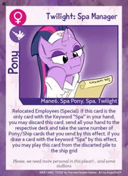 Size: 640x884 | Tagged: safe, artist:asajiopie01, derpibooru import, twilight sparkle, alicorn, pony, twilight sparkle's secret shipfic folder, spa pony, spa pony twilight sparkle, text, trading card