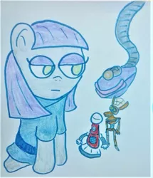 Size: 828x965 | Tagged: safe, artist:dex stewart, derpibooru import, maud pie, bird, crow, earth pony, pony, robot, crow t robot, gypsy(robot), macro/micro, mystery science theater 3000, tom servo, traditional art