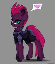 Size: 2400x2750 | Tagged: safe, artist:skitsniga, derpibooru import, tempest shadow, pony, unicorn, blushing, broken horn, cheek fluff, chest fluff, cute, eye scar, female, gray background, heart, horn, leg fluff, mare, pictogram, scar, simple background, sketch, solo, tempestbetes