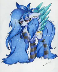 Size: 2459x3053 | Tagged: artist:luxiwind, clothes, derpibooru import, female, high res, mare, oc, oc:blur breeze, pegasus, safe, socks, solo, striped socks, traditional art, two toned wings, wings