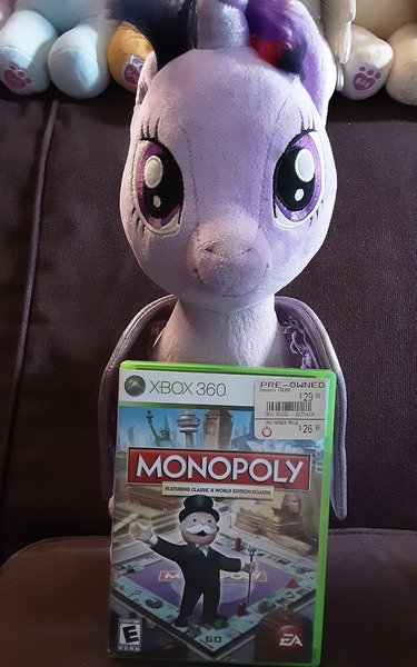 Size: 2040x3264 | Tagged: safe, derpibooru import, twilight sparkle, twilight sparkle (alicorn), alicorn, pony, female, irl, mare, monopoly, mr. monopoly, photo, plushie, video game, xbox 360