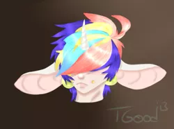 Size: 545x406 | Tagged: safe, artist:-censored-, derpibooru import, oc, oc:elliot, unofficial characters only, pony, unicorn, bust, gradient background, hair over eyes, horn, impossibly large ears, multicolored hair, rainbow hair, signature, smiling, solo, unicorn oc