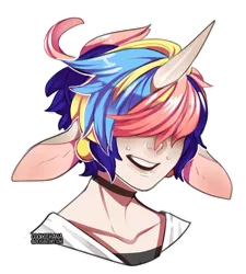 Size: 600x668 | Tagged: safe, artist:cookiehana, derpibooru import, oc, oc:elliot, unofficial characters only, anthro, unicorn, bust, choker, clothes, hair over eyes, horn, impossibly large ears, multicolored hair, rainbow hair, simple background, solo, transparent background, unicorn oc