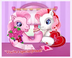 Size: 840x682 | Tagged: safe, artist:conphettey, derpibooru import, yours truly, always and forever, bouquet, candy, cupcake, cutie mark, flower, food, g3, valentine's day card