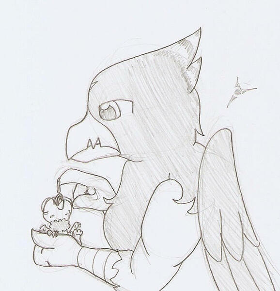 Size: 655x680 | Tagged: safe, artist:ravenpuff, deleted from derpibooru, derpibooru import, oc, oc:hauer, unofficial characters only, gryphon, worm, baby, baby griffon, feeding, grayscale, griffon oc, male, monochrome, open mouth, traditional art