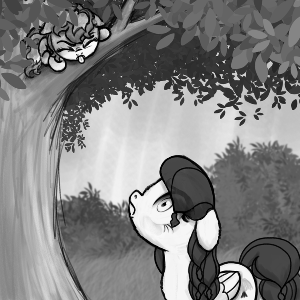 Size: 800x800 | Tagged: safe, artist:nimaru, derpibooru import, oc, oc:honeycrisp, oc:winter willow, unofficial characters only, pegasus, didn't think this through, female, floppy ears, mare, monochrome, tongue out, tree