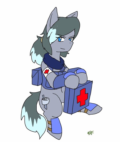 Size: 1734x2048 | Tagged: safe, artist:omegapony16, derpibooru import, oc, oc:oriponi, unofficial characters only, earth pony, pony, armor, backpack, clothes, earth pony oc, female, mare, medic, red cross, scarf, signature, simple background, smiling, solo, white background