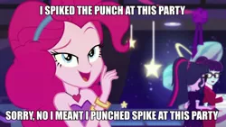 Size: 900x506 | Tagged: safe, derpibooru import, pinkie pie, spike, twilight sparkle, equestria girls, abuse, animal abuse, caption, image macro, implied spike, meme, spikeabuse, text