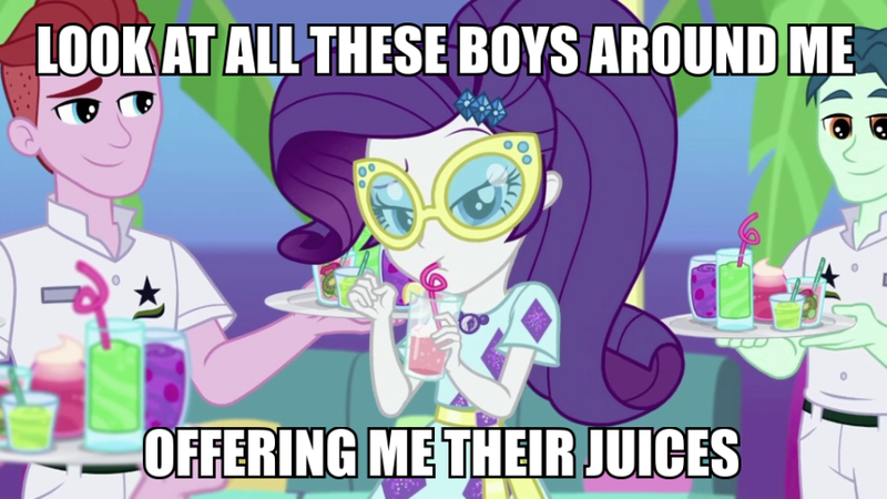 Size: 900x506 | Tagged: suggestive, derpibooru import, edit, edited screencap, screencap, rarity, equestria girls, equestria girls series, i'm on a yacht, spoiler:eqg series (season 2), caption, double entendre, image macro, looking at you, meme, straw in mouth, text