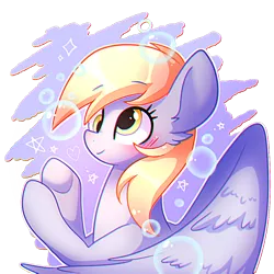 Size: 800x800 | Tagged: safe, artist:dddreamdraw, derpibooru import, derpy hooves, pegasus, pony, blushing, bubble, bust, cute, derpabetes, ear fluff, female, heart, mare, partial background, simple background, solo, spread wings, stars, transparent background, wings