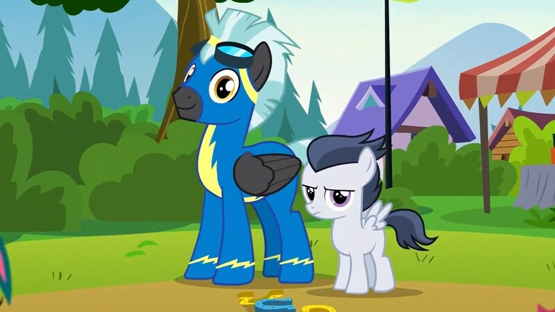 Size: 1280x720 | Tagged: safe, derpibooru import, screencap, rumble, thunderlane, pegasus, pony, marks and recreation, brothers, clothes, colt, goggles, male, siblings, stallion, uniform, wonderbolt trainee uniform, wonderbolts, wonderbolts uniform