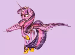 Size: 3055x2235 | Tagged: safe, artist:mysteriousshine, derpibooru import, twilight sparkle, twilight sparkle (alicorn), alicorn, pony, crown, female, hoof shoes, jewelry, mare, raised hoof, regalia, solo, spread wings, traditional art, wings