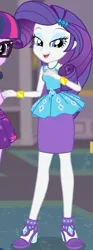 Size: 330x888 | Tagged: safe, derpibooru import, screencap, rarity, twilight sparkle, equestria girls, equestria girls series, school of rock, clothes, cropped, cute, dress, female, field trip, geode of shielding, gold, hairclip, high heels, jewelry, lidded eyes, looking down, magical geodes, museum, raribetes, shoes, skirt, sleeveless, smiling, waistband, wrist cuffs