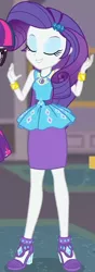 Size: 318x907 | Tagged: safe, derpibooru import, screencap, rarity, twilight sparkle, equestria girls, equestria girls series, school of rock, clothes, cropped, cute, dress, eyes closed, female, field trip, geode of shielding, gold, hairclip, high heels, jewelry, magical geodes, museum, raribetes, shoes, skirt, sleeveless, smiling, waistband, wrist cuffs