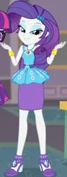 Size: 342x902 | Tagged: safe, derpibooru import, screencap, rarity, sci-twi, twilight sparkle, equestria girls, equestria girls series, school of rock, clothes, cropped, cute, dress, female, field trip, geode of shielding, gold, hairclip, high heels, jewelry, lidded eyes, looking down, magical geodes, museum, raribetes, shoes, shrug, skirt, sleeveless, smiling, waistband, wrist cuffs