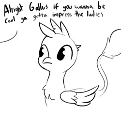 Size: 2250x2250 | Tagged: safe, artist:tjpones, derpibooru import, part of a set, gallus, gryphon, dialogue, male, monochrome, offscreen character, simple background, white background