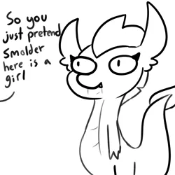 Size: 2250x2250 | Tagged: safe, artist:tjpones, derpibooru import, part of a set, smolder, dragon, dialogue, female, implied gallus, monochrome, offscreen character, simple background, white background