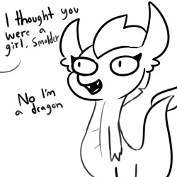 Size: 2250x2250 | Tagged: safe, artist:tjpones, derpibooru import, part of a set, smolder, dragon, dialogue, female, implied gallus, monochrome, offscreen character, simple background, weird lizzer hole, white background