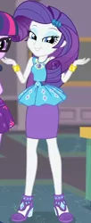 Size: 366x899 | Tagged: safe, derpibooru import, screencap, rarity, sci-twi, twilight sparkle, equestria girls, equestria girls series, school of rock, clothes, cropped, cute, dress, female, field trip, geode of shielding, gold, hairclip, high heels, jewelry, lidded eyes, looking down, magical geodes, museum, raribetes, shoes, skirt, sleeveless, smiling, waistband, wrist cuffs