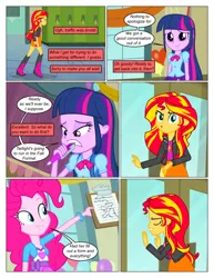 Size: 612x792 | Tagged: safe, artist:greatdinn, artist:newbiespud, derpibooru import, edit, edited screencap, screencap, pinkie pie, sunset shimmer, twilight sparkle, comic:friendship is dragons, equestria girls, equestria girls (movie), clipboard, clothes, collaboration, comic, dialogue, eyes closed, female, pen, screencap comic