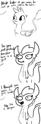 Size: 2250x6750 | Tagged: safe, artist:tjpones, derpibooru import, edit, gallus, smolder, dragon, gryphon, all in one, compilation, dialogue, female, full comic, male, monochrome, offscreen character, simple background, weird lizzer hole, white background