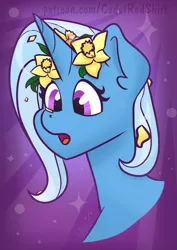 Size: 1280x1803 | Tagged: safe, artist:cadetredshirt, derpibooru import, trixie, pony, unicorn, bust, ear fluff, female, floral head wreath, flower, flower in hair, gradient background, head, horn, mare, shocked, simple background, solo, surprised, surprised face, two toned mane