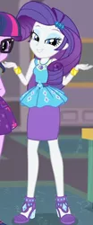 Size: 381x912 | Tagged: safe, derpibooru import, screencap, rarity, sci-twi, twilight sparkle, equestria girls, equestria girls series, school of rock, clothes, cropped, cute, dress, female, field trip, geode of shielding, gold, hairclip, high heels, jewelry, lidded eyes, looking down, magical geodes, museum, raribetes, shoes, skirt, smiling, waistband, wrist cuffs