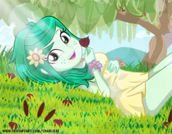 Size: 836x648 | Tagged: safe, artist:charliexe, derpibooru import, wallflower blush, equestria girls, alternate hairstyle, clothes, crepuscular rays, cute, dress, female, flower, flower in hair, flowerbetes, freckles, grass, solo, sundress, tree, wallflower and plants
